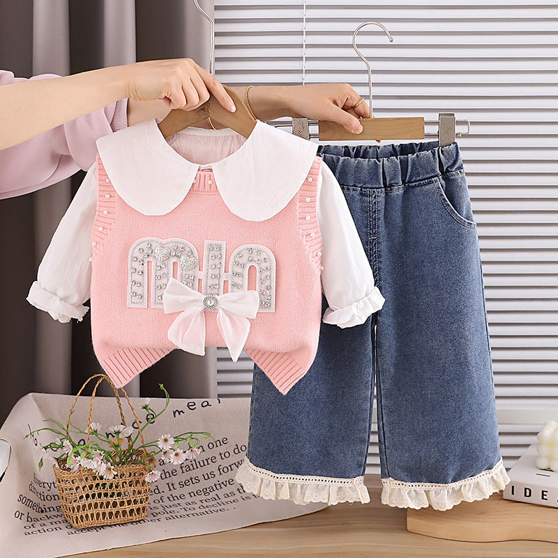 Children's Spring and Autumn Clothing 2026 New Style Girls' Stylish Letter Bow Sweater Three-Piece Set Baby Korean Style Trendy Outfit
