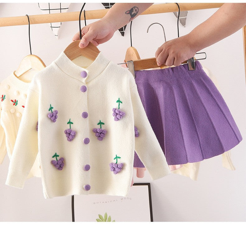 Girls' Knitwear Cardigan Children's Sweater Women's Baby Foreign-Style Two-Piece Sweater Dress Fruit Handmade Flower Dress Baby Set