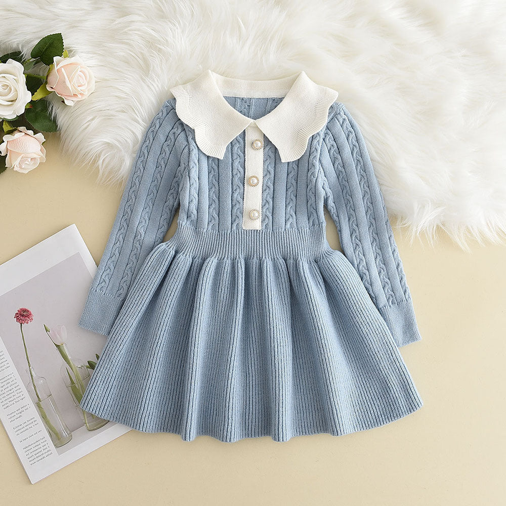 Girls' Sweater Dress 2022 Winter New Korean Style Fashionable Solid Color Little Girl Knitted Long-Sleeved Princess Dress Trendy