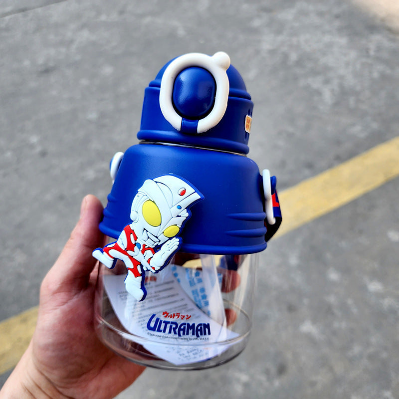 Children's Large Capacity Kettle Cute Cartoon Cartoon Cartoon Water Cup with Straw Boys' Students Cross School Drinking Water Cup