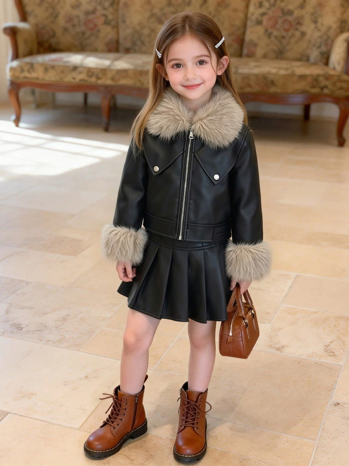 Rantuo Girls' Autumn and Winter Fleece-Lined Leather Jacket Set 2026 New Fashionable Children's Fur Collar Coat and Pleated Skirt Cross-Border