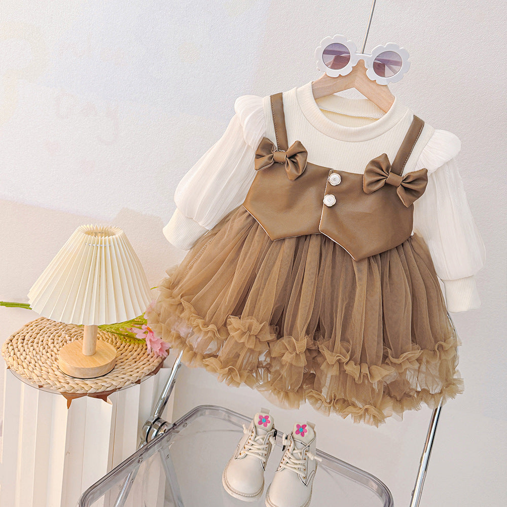 Spring Girls Dress 2025 New Mesh Long-Sleeved Spring Korean Style Fashionable Pure Color Foreign Style Baby Girl Skirt