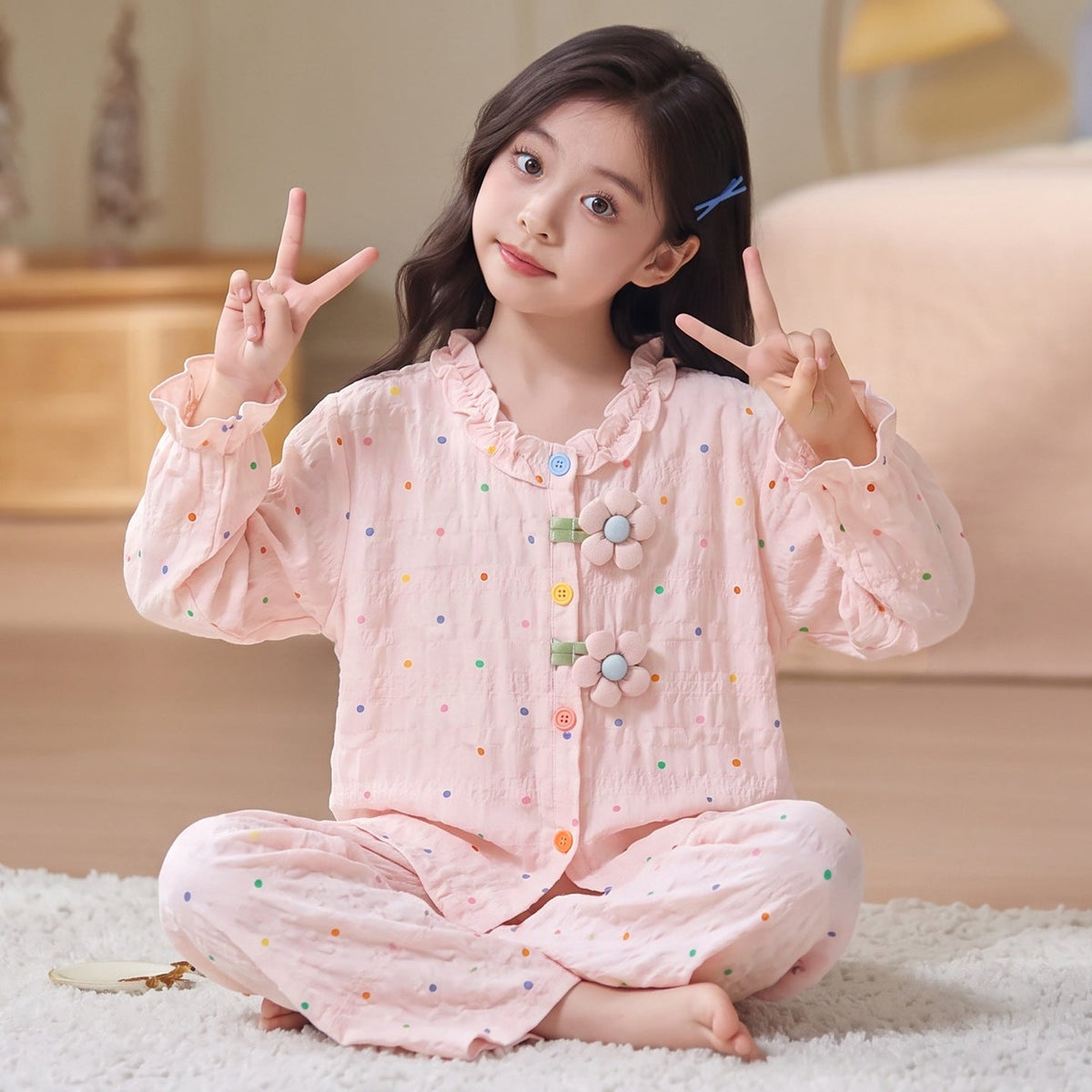 Kids Pajamas for Spring and Autumn Girls’ Cloud Cotton Long-Sleeve Thin Set, Big Kid 2026 New Trendy Homewear