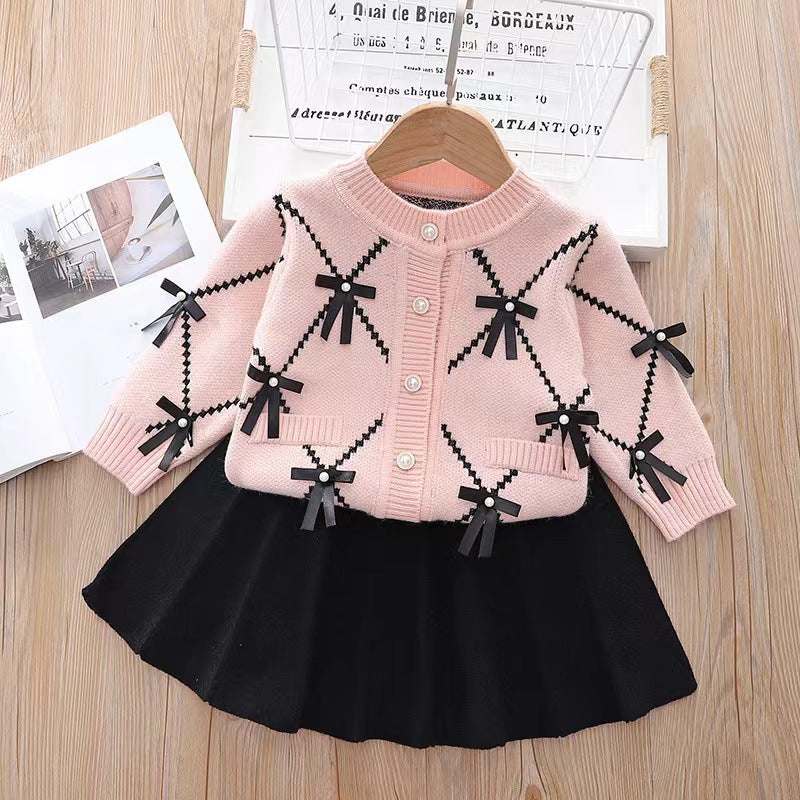 Little Chanel Style Girls' Sweater suit Children's Knitted Two-Piece New Arrival Women's Bow Cardigan suit