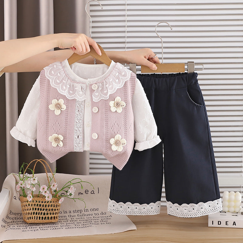 2026 New Girls' Spring and Autumn Outfit, Stylish Baby Fall Three-Piece Set with 3D Flower Sweater, Trendy Wholesale for Infants and Children