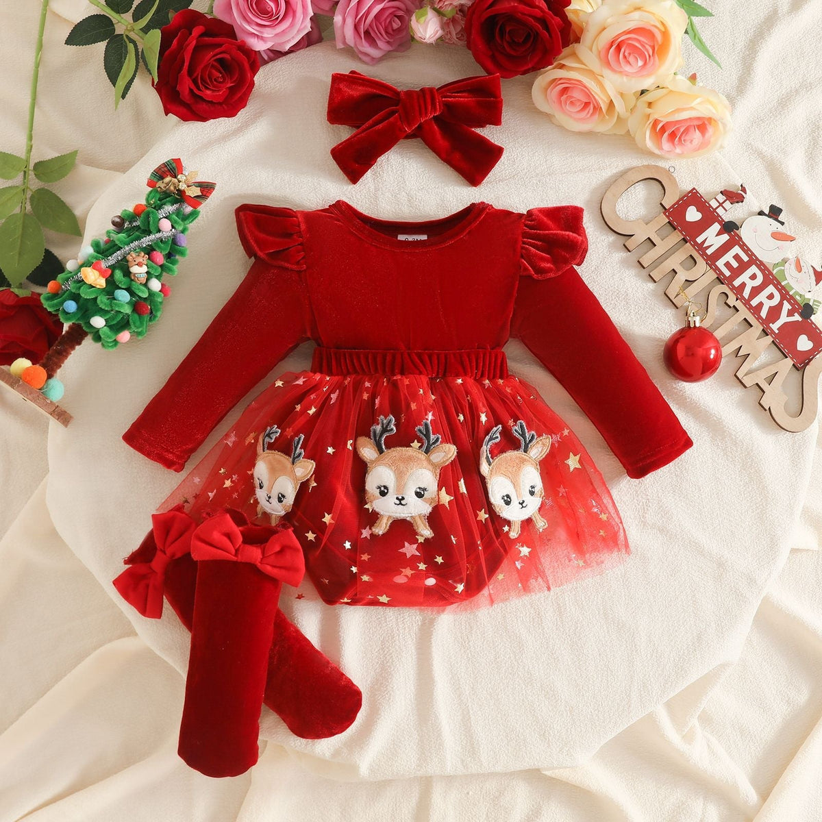 2026 European and American Infant Christmas Dress, Smooth Velvet Fabric, Long Sleeve Mesh Patchwork Dress, Socks, Headscarf