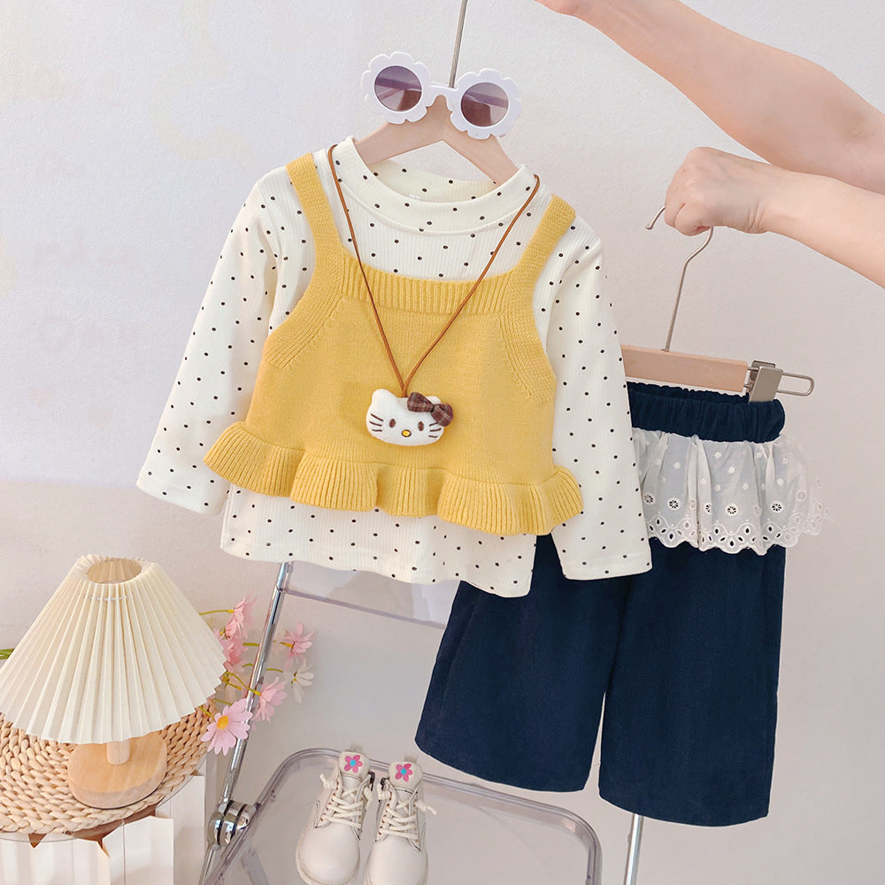 One-Year-Old Baby Girl Fashion Autumn Outfit 2026 New Spring and Autumn Stylish Little Girl Sweater Three-Piece Set Girls' Clothing