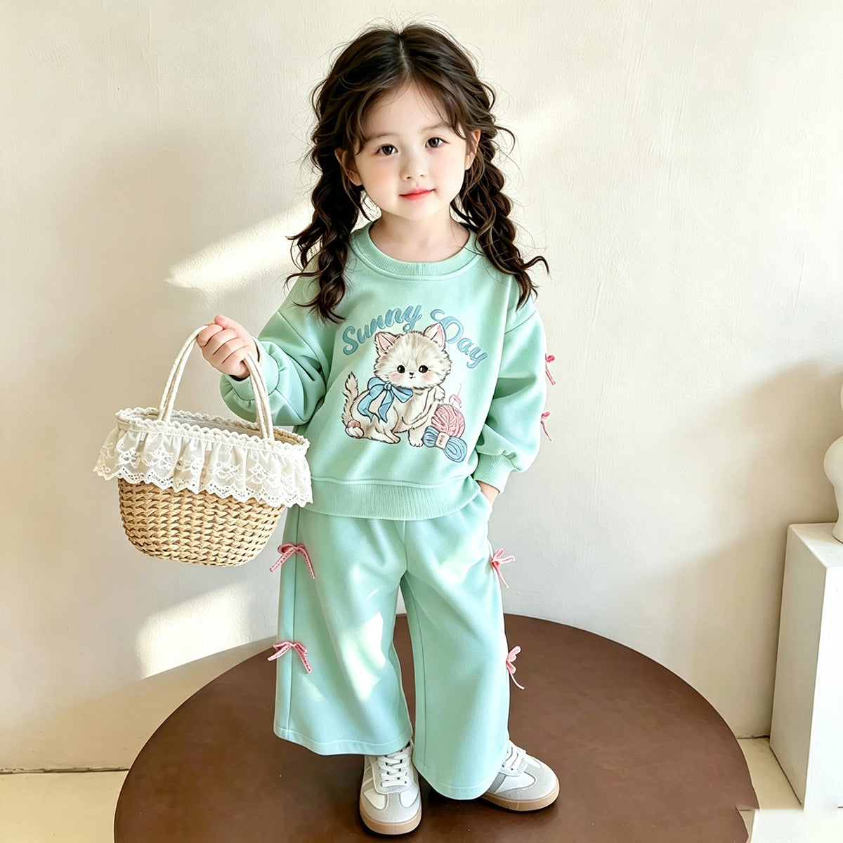 Korean-Style Ins Cat-Themed Girls' Outfit, Spring and Autumn Children's Bow Sweatshirt and Wide-Leg Pants Two-Piece Set, Export Children's Clothing