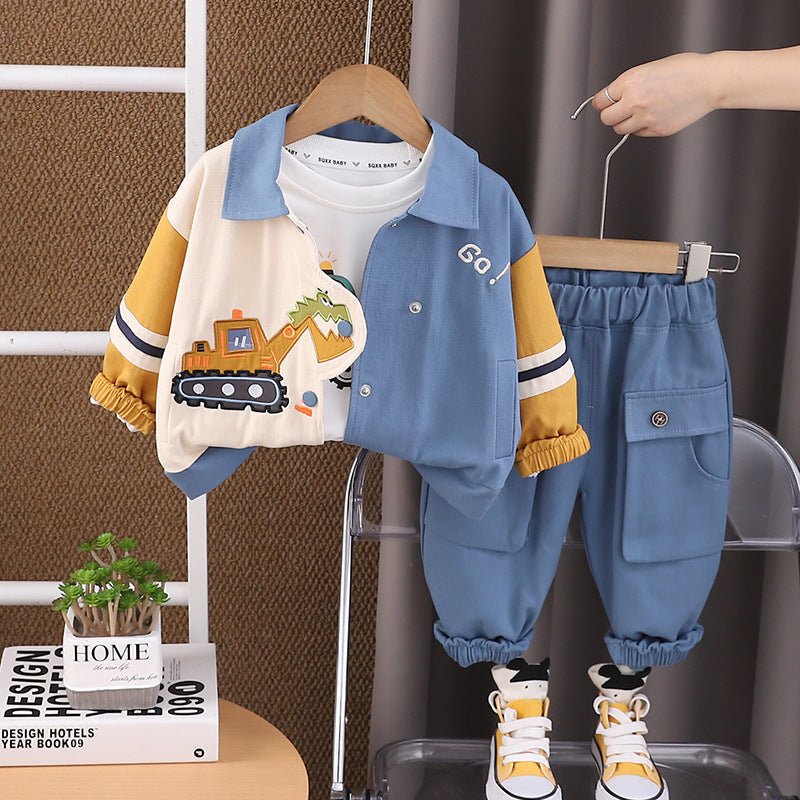 Free Shipping Yikids Boys' Spring and Autumn Wear Little Boy's Digger Color-matching Jacket Long Sleeve Three-piece Korean Fashion Children's Wear