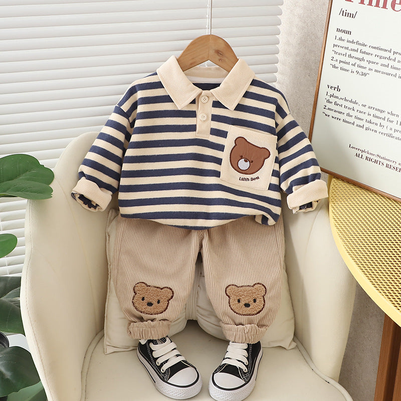 Free Shipping Yikds Kidsren's Spring & Fall Clothing Boys Cute Cartoon Stripesd Sweatshirt Baby Boy Casual Fashion Kidsren's Suit