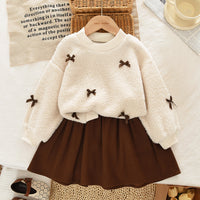 Girls' Autumn and Winter Outfit with Bow, Teddy Velvet Long-Sleeve Top and Short Skirt, Korean Style Simple Two-Piece Set, Cross-Border Children's Clothing