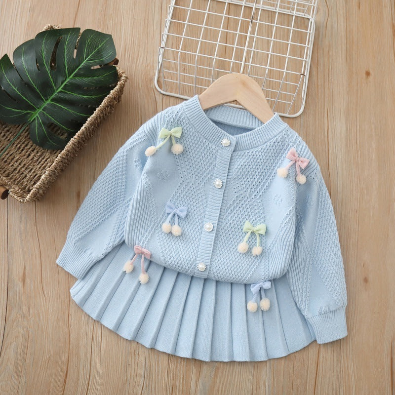 Baby Girl Handmade Flower Cardigan Two-Piece Set 2025 Autum New Girl Cute Skirt Girl Sweater Suit