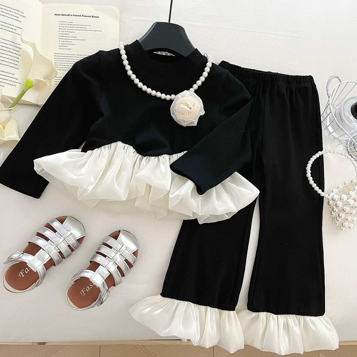 2025 New Girls Autum Suit, Fashionable Color-Blocked Lace Long-Sleeved Pants Two-Piece Set for Small and Medium-Sized Children 17501