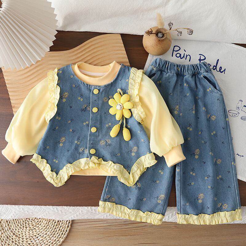 Dyct Girls' Outfit Spring 2026 New Stylish Baby Clothes Toddler Pants Spring and Autumn Children's Denim Set Three