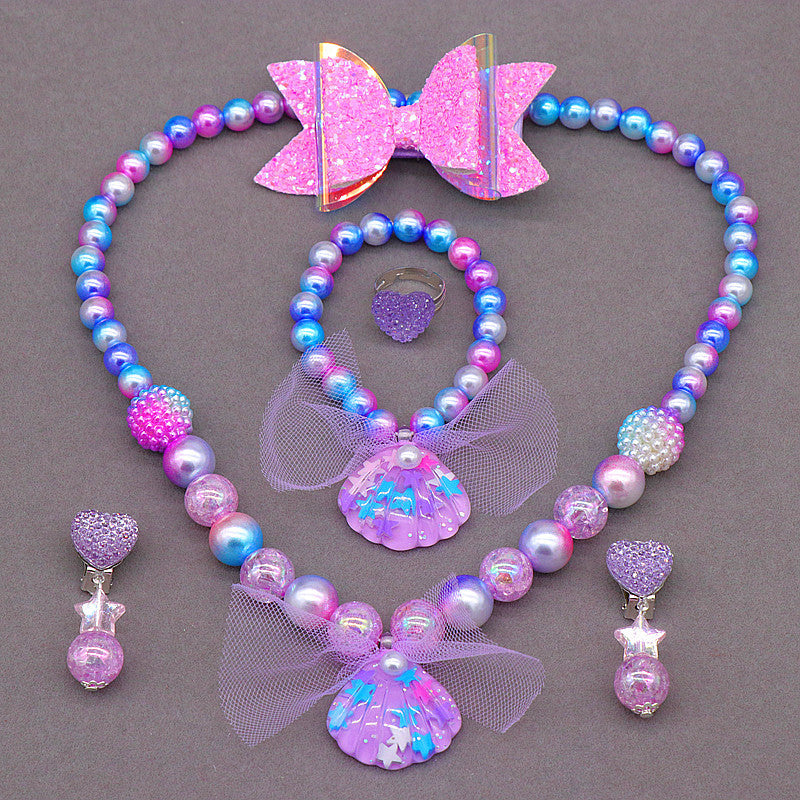 Children's Princess Necklace Bracelet Jewelry Set Mermaid Shell Imitation Pearl Necklace Little Girl Swimsuit Accessories