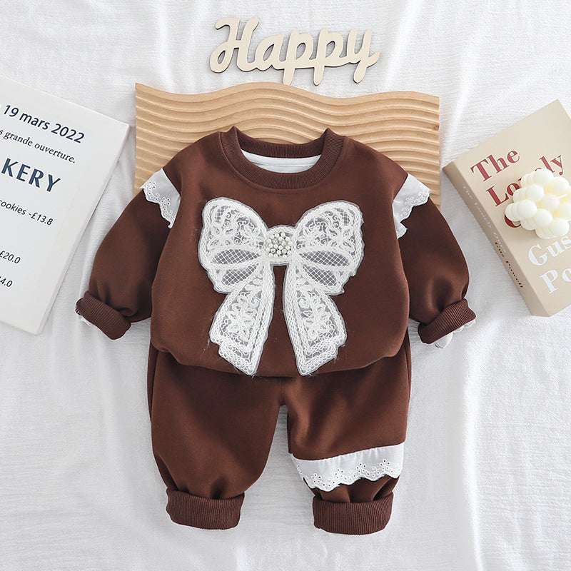 Girls' Spring and Autumn Outfit Set, Children's Stylish Clothing with Big Bow, Casual Baby Wear, Cute Toddler Autumn Sweatshirt
