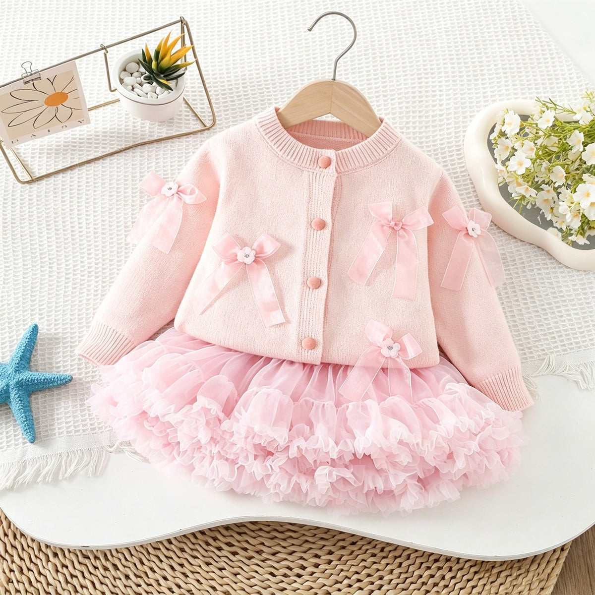 New Autumn and Winter Style Girls' Knitted Sweater Cardigan, Korean Style Fashionable Bow Cardigan, Puffy Skirt, Princess Skirt for Baby Girls