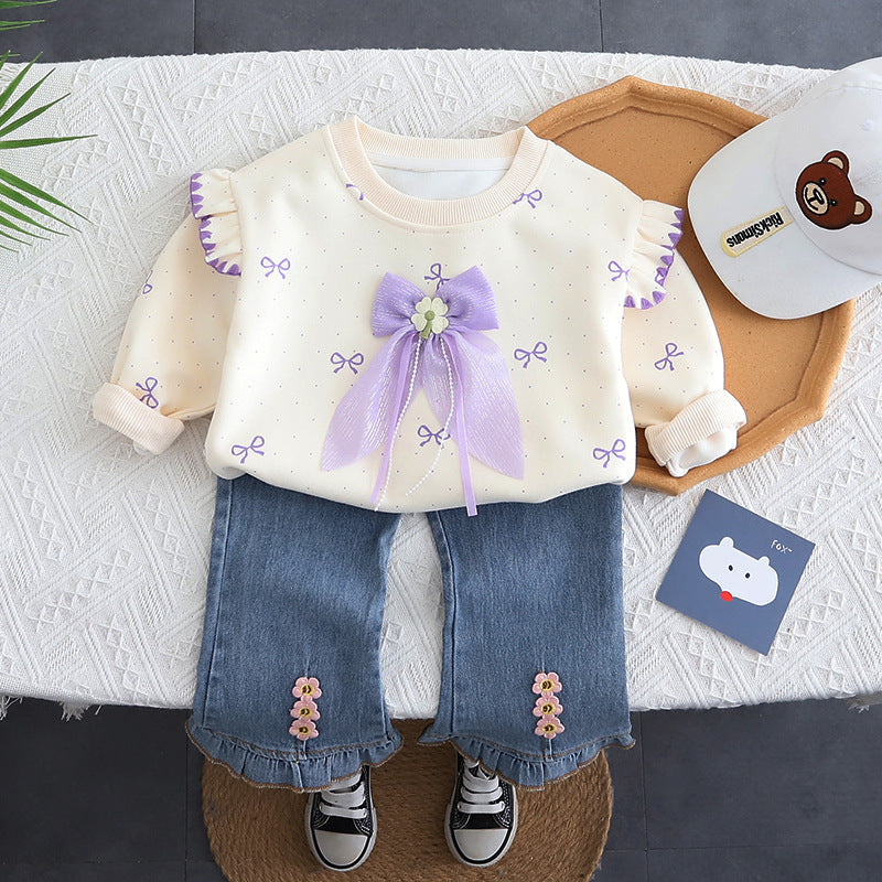 Girls 2025 Spring and Autumn Full Printed Bow Suit Baby Girl Jeans Long Sleeve Two-Piece Set Baby Trend
