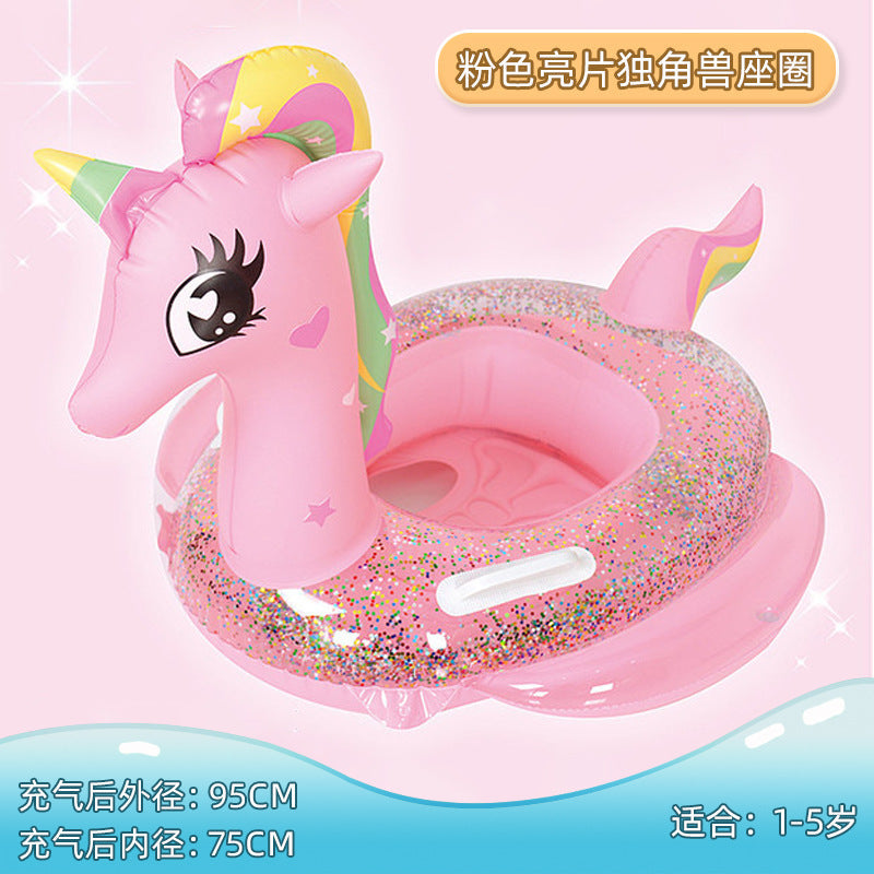 New children's pink rainbow horse sequins swimming ring inflatable water cute unicorn children's sponge bottom seat ring