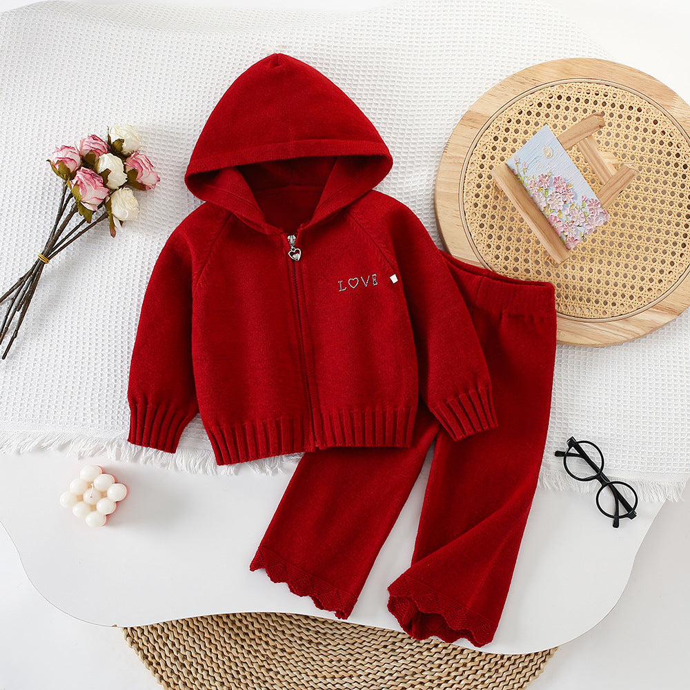 Children's Sweater Suit Autumn and Winter New Style Baby Girl Hooded Zipper Knitted Cardigan Sweater Pants Korean Style Fashionable