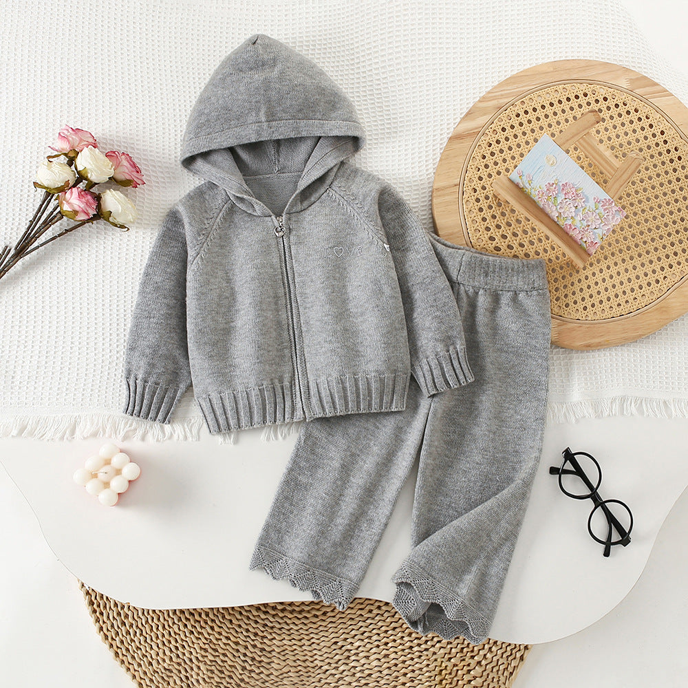 Children's Sweater Suit Autumn and Winter New Style Baby Girl Hooded Zipper Knitted Cardigan Sweater Pants Korean Style Fashionable