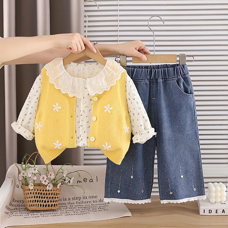 2026 New Children's Autumn Outfit for Girls: Floral Sweater, Vest, and Three-Piece Set for Toddlers - Stylish Children's Clothing Wholesale
