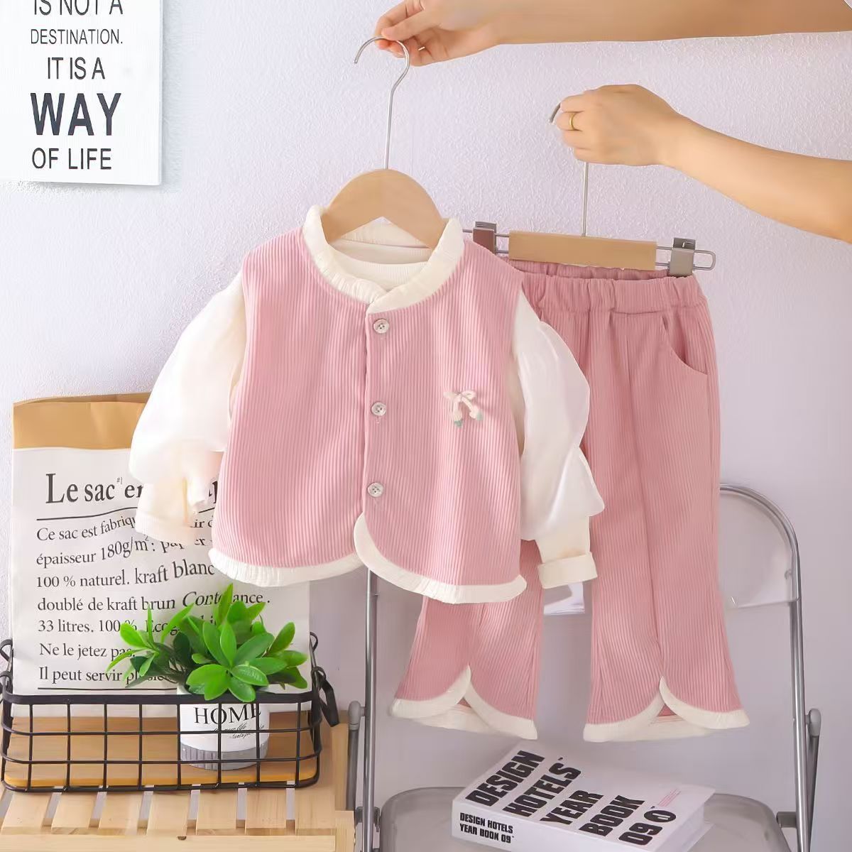 Girls' Spring and Autumn Outfit 2026 New Style Children's Clothing Casual Pants Three-Piece Set Baby Princess Strap Dress