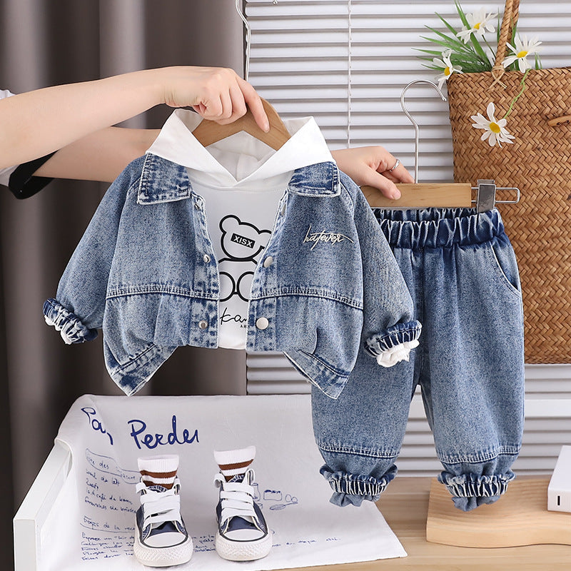 Boys' Spring and Autumn Outfit 2025 New Korean Style Trendy Embroidered Letter Denim Hoodie Three-Piece Set Autumn Clothing
