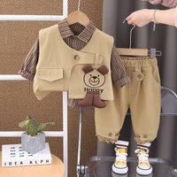 Boys' Stylish Workwear Vest and Shirt Three-Piece Set for Spring and Autumn, Trendy Children's Clothing with Cartoon Designs for Babies