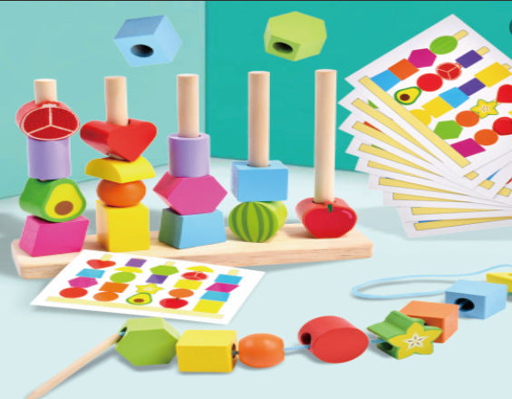 Children's geometric wooden beaded five sets of column color classification Enlightenment early education shape cognition rope puzzle toys