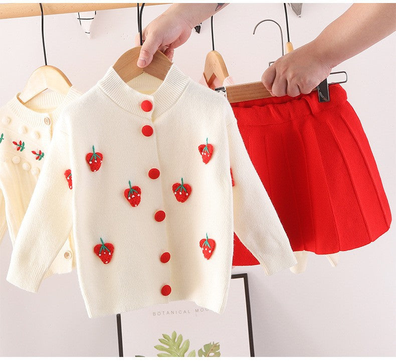 Girls' Knitwear Cardigan Children's Sweater Women's Baby Foreign-Style Two-Piece Sweater Dress Fruit Handmade Flower Dress Baby Set