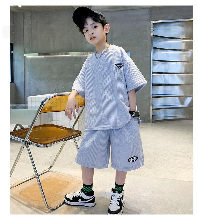 New Summer Boys Clothes Sets Teen Short Sweatshirt + Pants Children Clothing Solid Kids Boy Sport Suits 4 6 8 10 12 14 Years