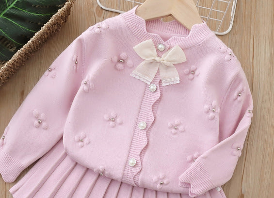 Baby Girl Cardigan Suit 2025 Autumn New Girls Cute Skirt Suit Girls Sweater Suit
