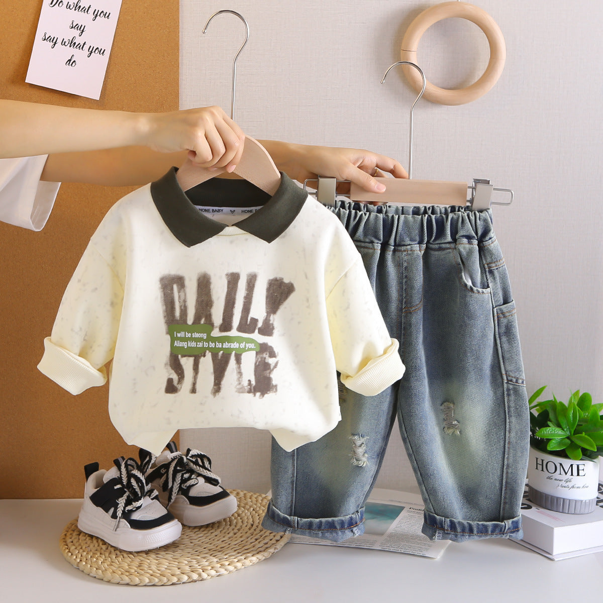 2025 Autumn New Boys Lapel Long Sleeve Suit Baby Boy Casual Denim Trousers Two-Piece Set One Piece Dropshipping