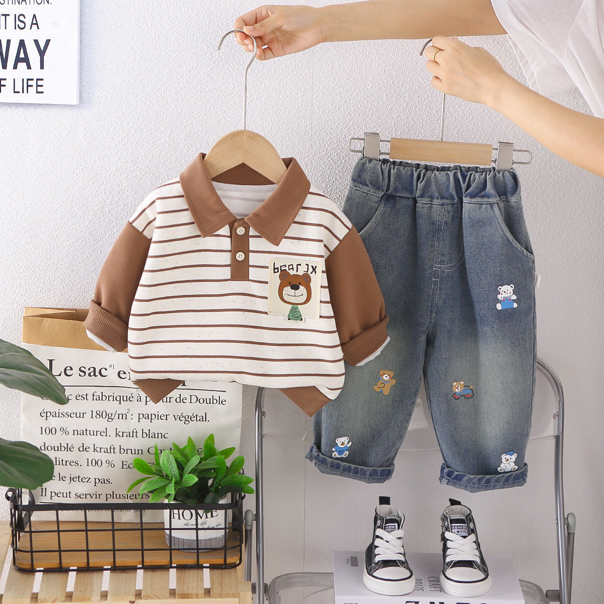 Boys' Striped Polo Set Spring and Autumn New Style Toddler Embroidered Turn-down Collar Sweatshirt and Pants Casual Two-piece Set Children's Clothing Wholesale
