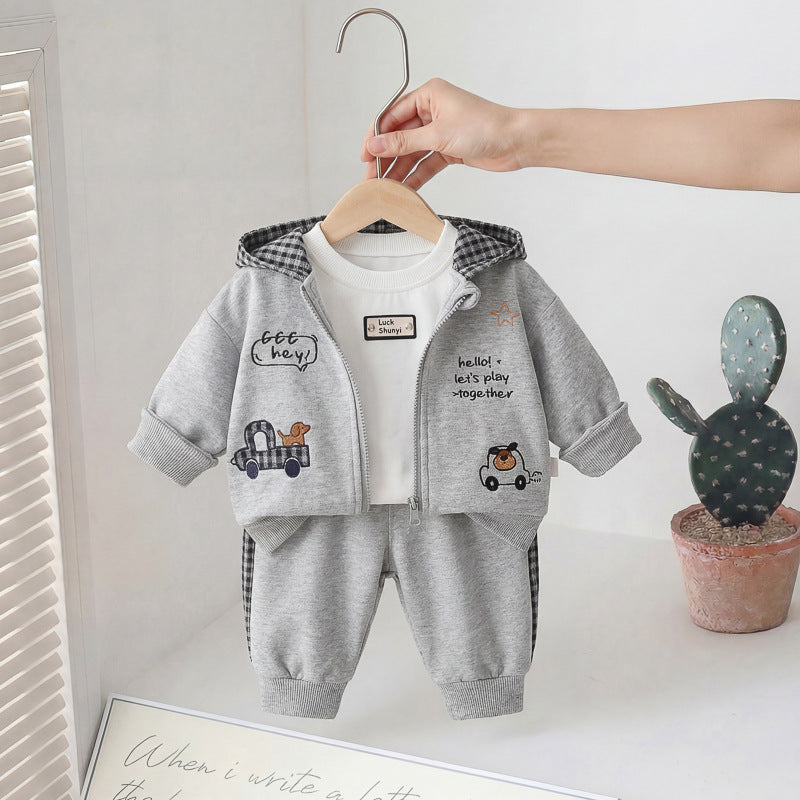 Boys' Spring Outfit Set 2026 New Stylish Baby Spring and Autumn Clothing for Children Aged 1-4, Cartoon Puppy Three-Piece Set