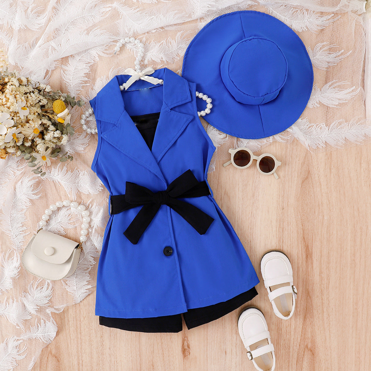 Girls 4 piece suspender suit set Bangladesh sleeveless top shorts jacket hat fashion outfit for kids