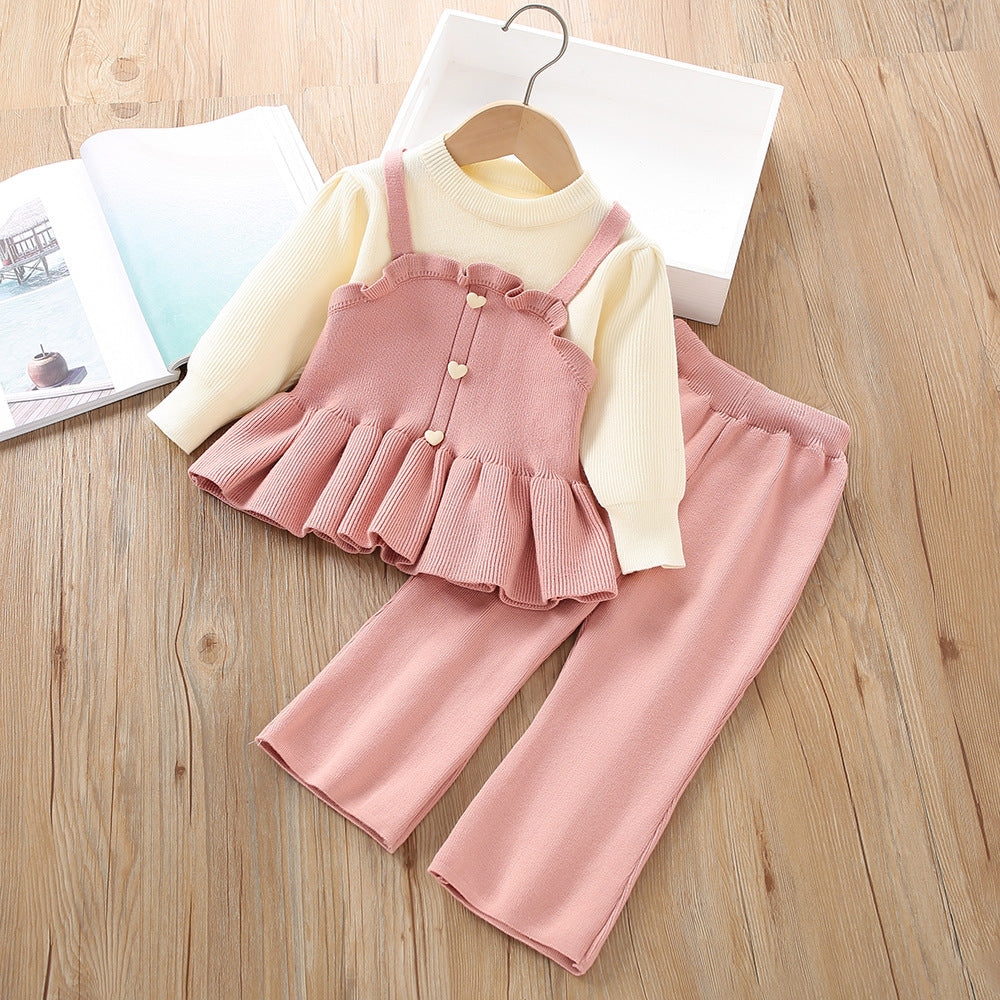 Girls' Sweater suit Fashionable Autumn New Korean-style Girl Fake Two-piece Knitted Long-sleeved Two-piece Pants