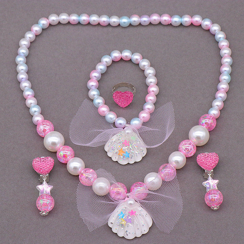 Children's Princess Necklace Bracelet Jewelry Set Mermaid Shell Imitation Pearl Necklace Little Girl Swimsuit Accessories