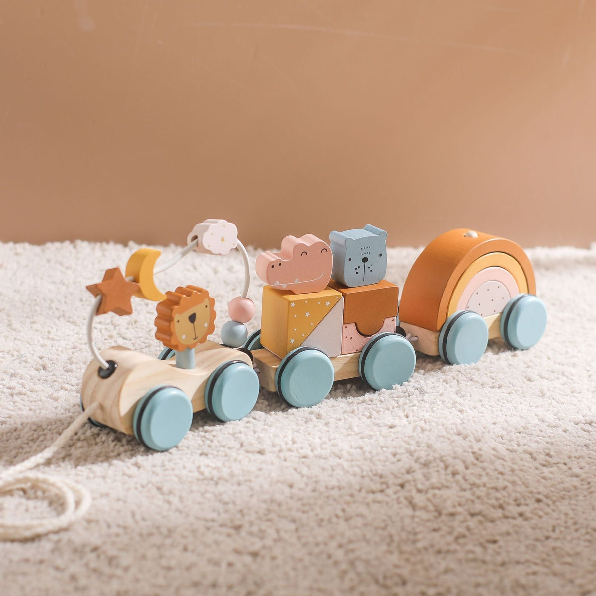 Children's Wooden Early Education Educational Multifunctional Trolley Lion Animal Beads Rope Trolley Hands-on Brain Toys