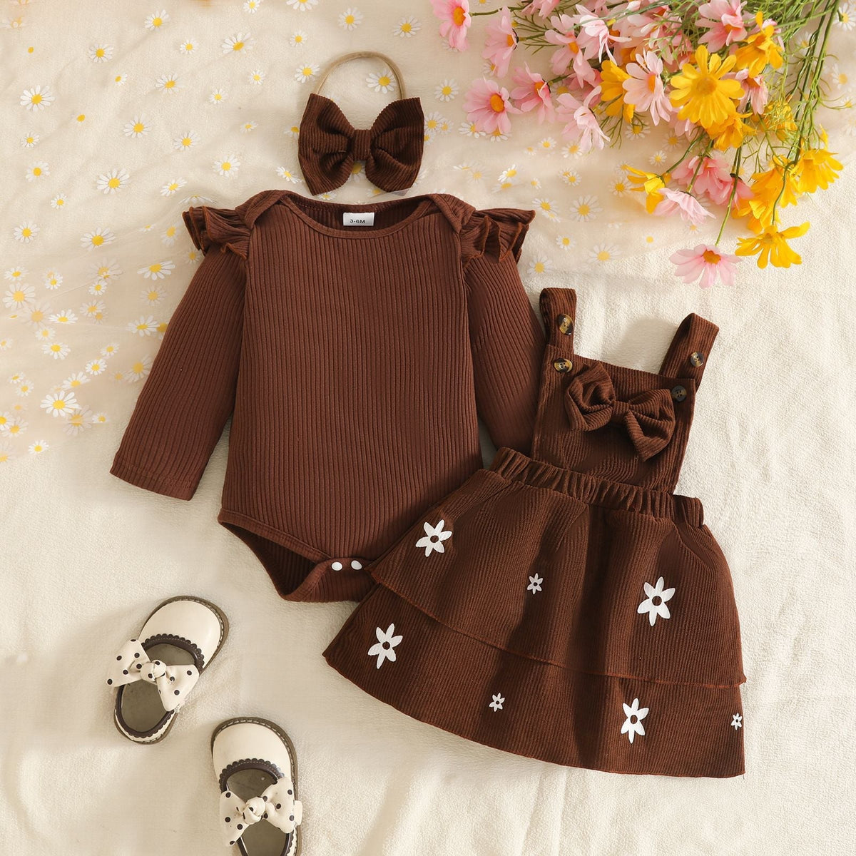 European and American Style 0-2 Years Old Baby Girl Autumn and Winter Ribbed Long-Sleeve Romper + Double-Layer Suspender Skirt + Bow Headband Set
