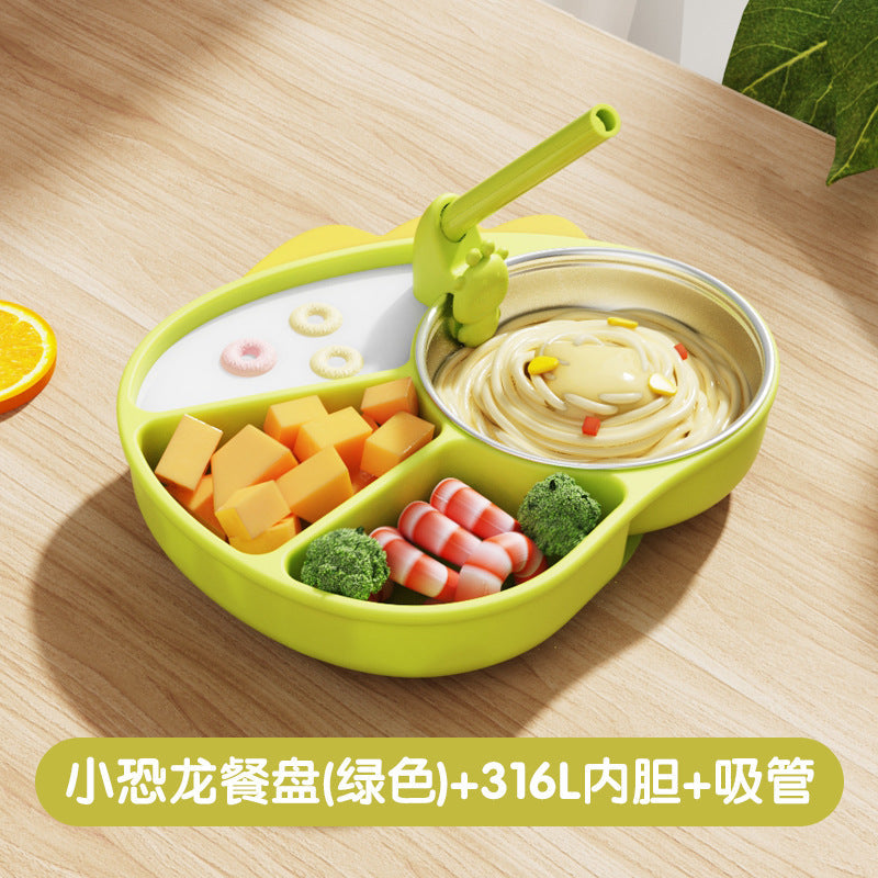 Silicone Divided Children's Dinner Plate Cartoon Little Dinosaur Suction Cup Bowl Training Baby to Eat Independently Divided Supplementary Food Tableware