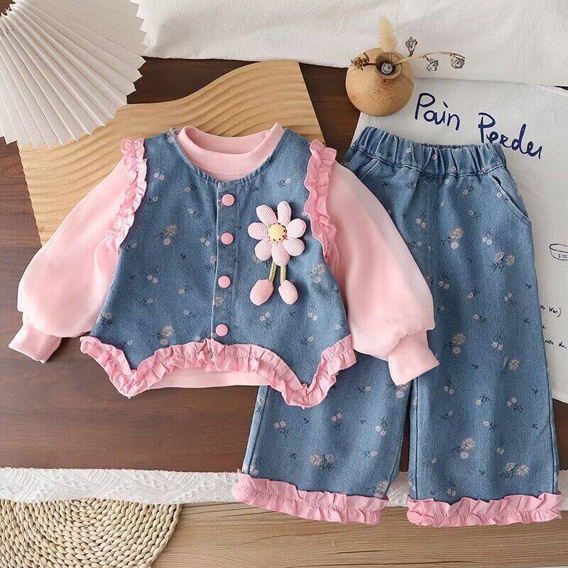 Dyct Girls' Outfit Spring 2026 New Stylish Baby Clothes Toddler Pants Spring and Autumn Children's Denim Set Three