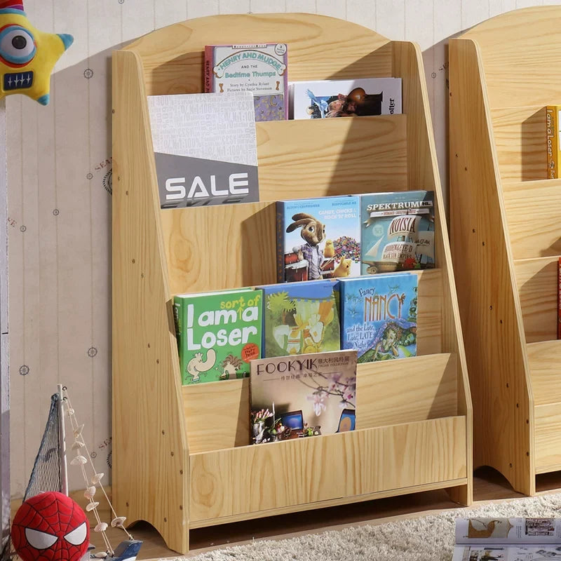 Children's bookshelf, picture book shelf, simple book and newspaper rack, student and kindergarten book cabinet, display rack, storage cabinet, white natural wood color