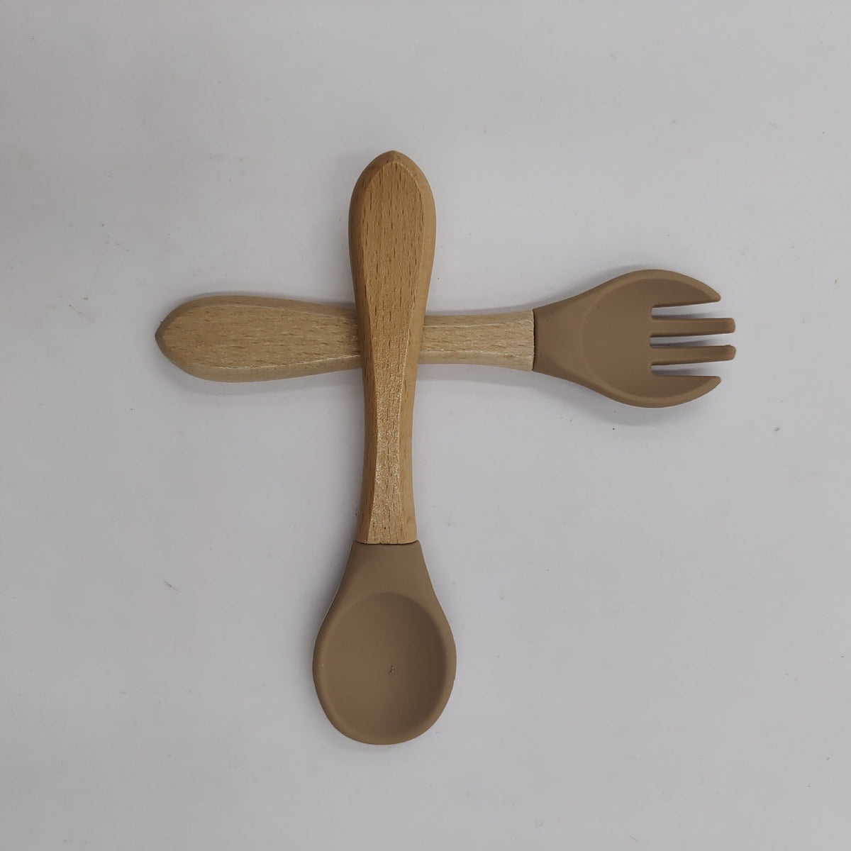 Manufacturer Aliexpress Cross-Border Ready-Stock Children's Eating Training Spoon Wooden Handle Fork Silicone Soft Spoon Silicone Wood Combination