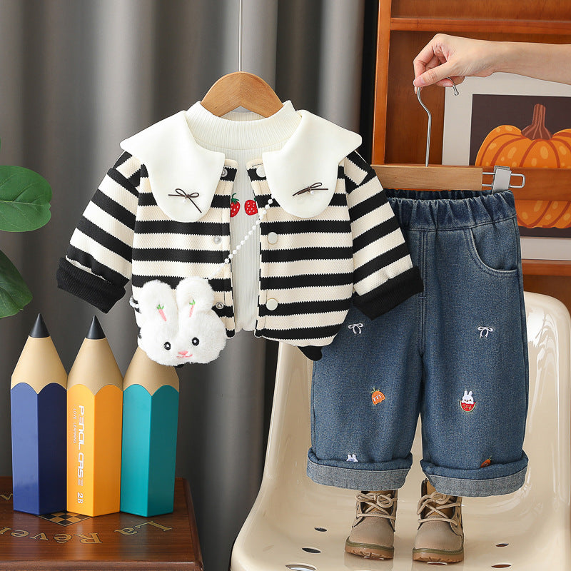 Wuxiaoqi Children's Clothing 2025 Autumn/Winter New Style 0-4 Years Old Girls Infant F= Rabbit Thickened Cotton Warm Three-Piece Set