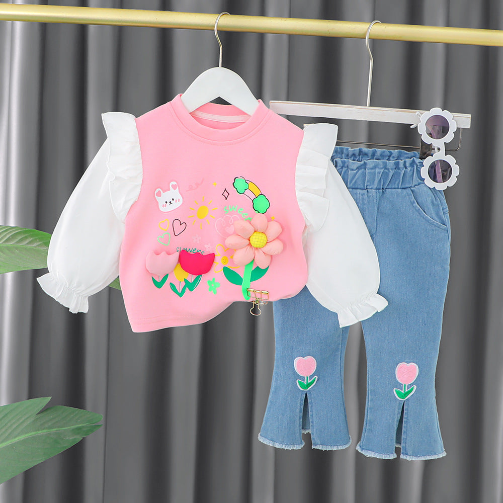 Wholesale baby girl spring clothes 2023 set baby children's clothes children's clothes 1-3 year old girl spring and autumn generation hair