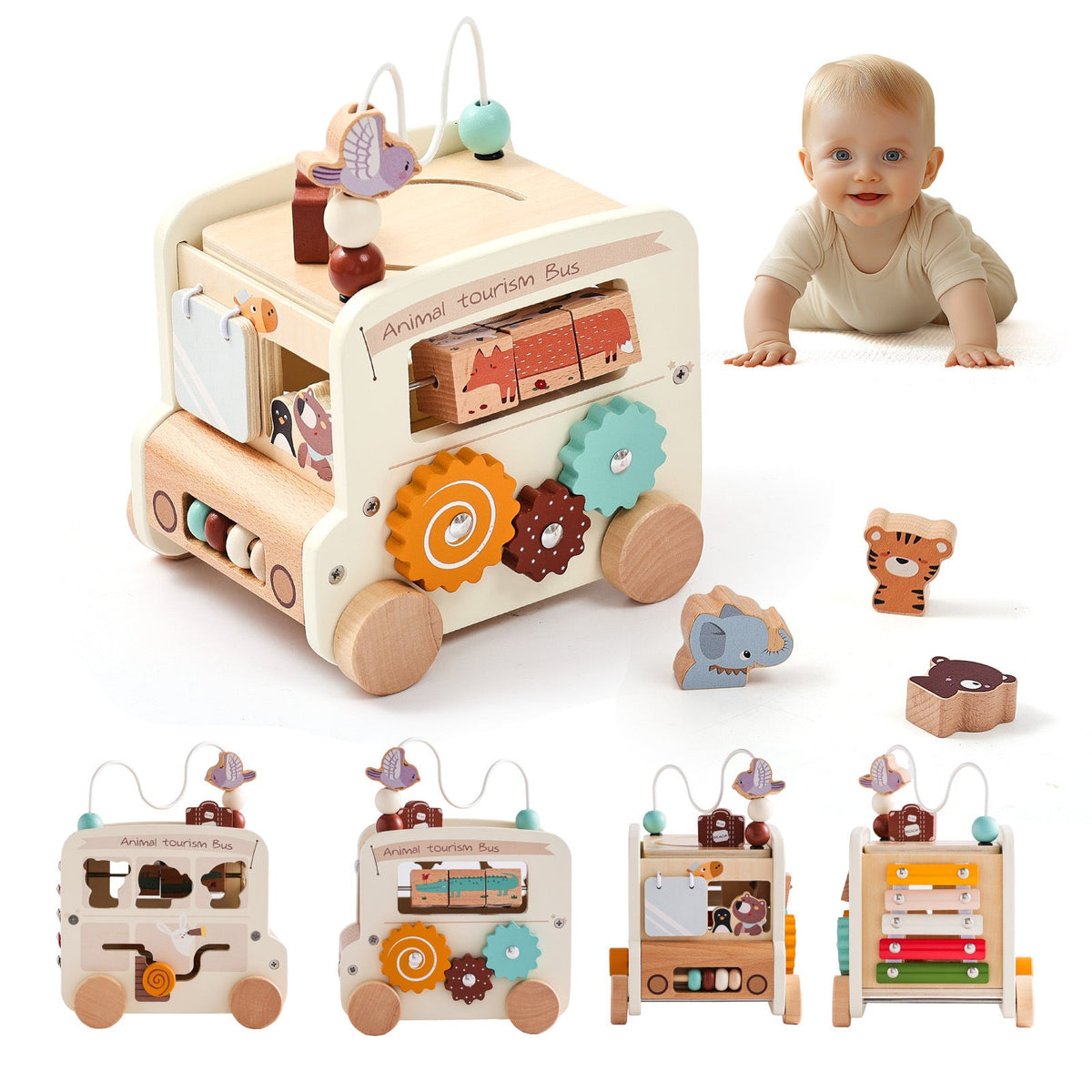 Cross-border children's wooden early education puzzle multifunctional hexahedron busy box cart puzzle Montessori bus toy