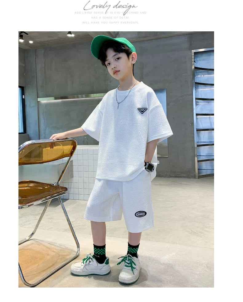 New Summer Boys Clothes Sets Teen Short Sweatshirt + Pants Children Clothing Solid Kids Boy Sport Suits 4 6 8 10 12 14 Years