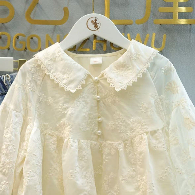 Girls' 2025 Spring New Stylish Doll-Style Long-Sleeve Fashionable Shirt and Children's Jeans Two-Piece Set